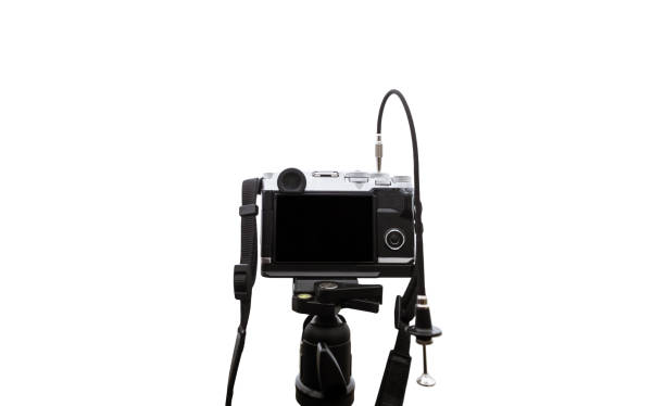 istock Digital camera on camera tripod, isolated on white background with copy space 644176060