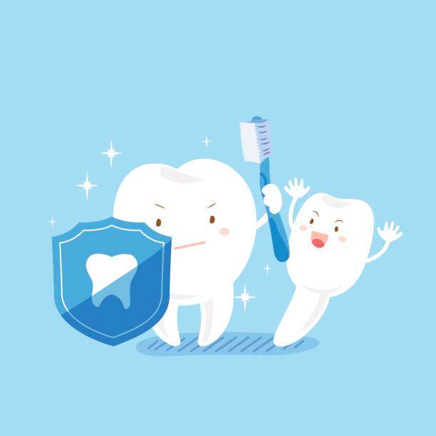 ilustrações de stock, clip art, desenhos animados e ícones de cute cartoon tooth health concept - human teeth defending dental equipment brushing