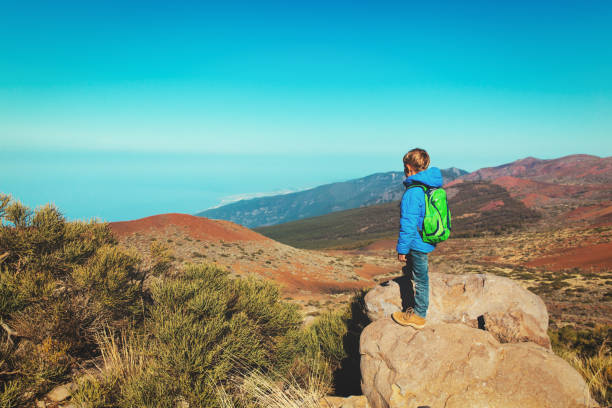 istock little boy hiking in mountains looking at nature 644191764