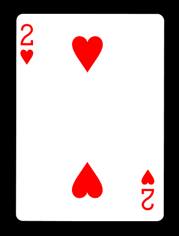 Two of hearts playing card, isolated on black background.