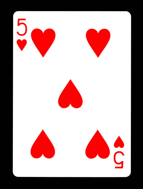 Five of hearts playing card, isolated on black background.
