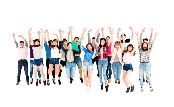 istock Happy young group  jumping people isolated on white 644205842