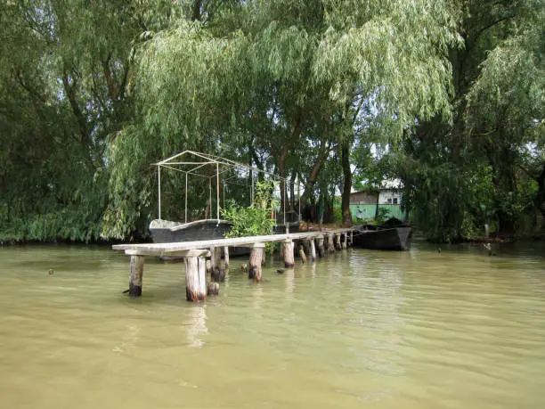 Street, water instead of asphalt. City on water. Vilkovo. Odessa region. Ukraine. Delta of the river Danube.