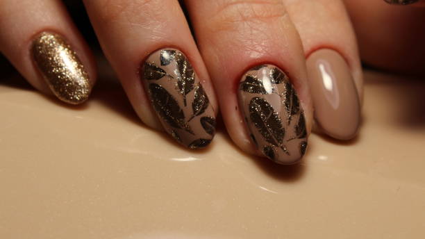 istock Very best nail design, manicures coffee with golden feathers 644216458
