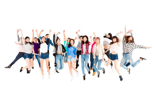 istock Happy young group  jumping people isolated on white 644216862