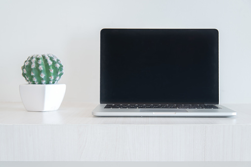 modern white office desk table with desktop and cactuse