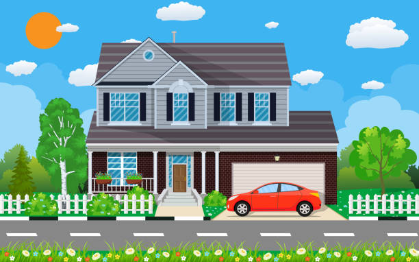 Private suburban house with car, Private suburban house with car, trees, road, sky and clouds. Vector illustration in flat style modern house driveway stock illustrations