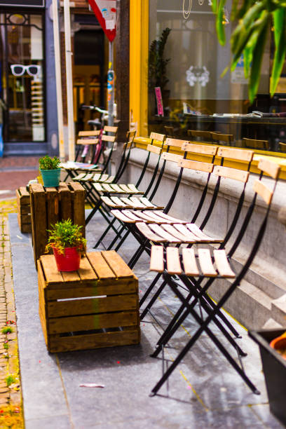 istock Wooden chairs lined up in Holland 644225520