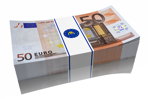 Stack of 50 euro banknotes on a white background