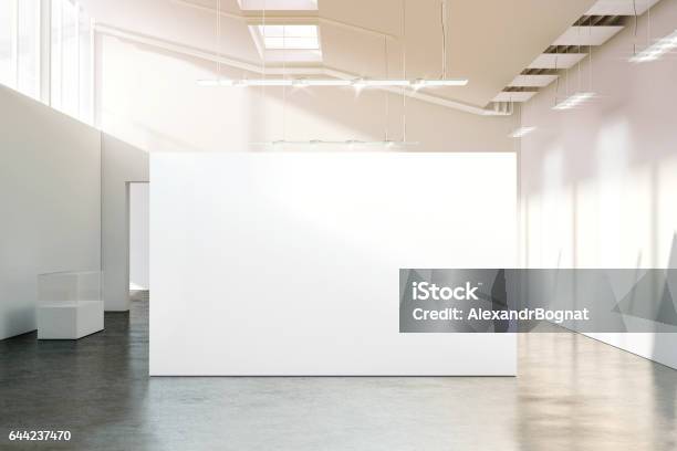 Blank White Wall Mockup In Sunny Modern Empty Museum Stock Photo - Download Image Now