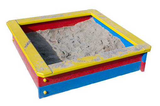 Children wooden sand box on playground. Isolated with patch