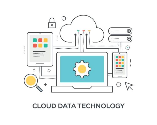 cloud data technology concept mit symbolen - security system illustrations stock-grafiken, -clipart, -cartoons und -symbole