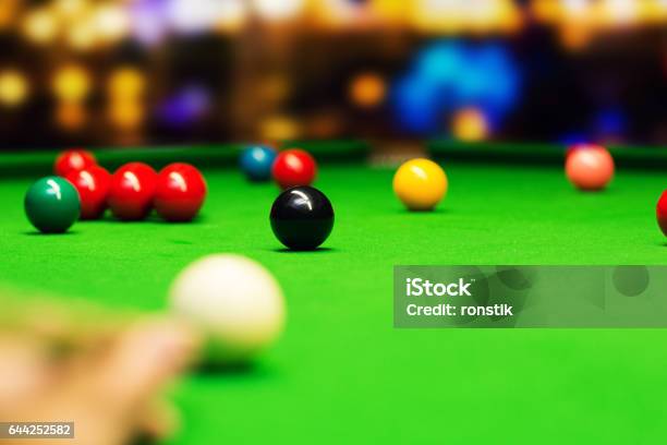 Snooker Aim The Cue Ball Focus On Black Ball Stock Photo - Download Image Now - Competition, Accuracy, Aiming