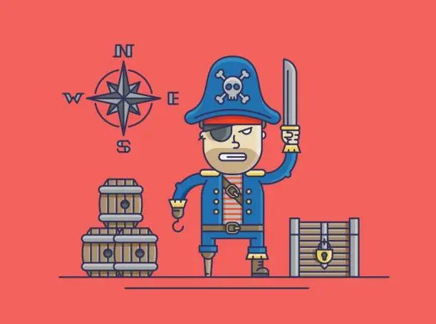 Vector illustration of Pirate and treasure chest