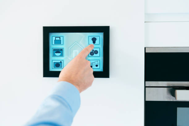 istock Internet of things concept with smart home display on wall 644263296
