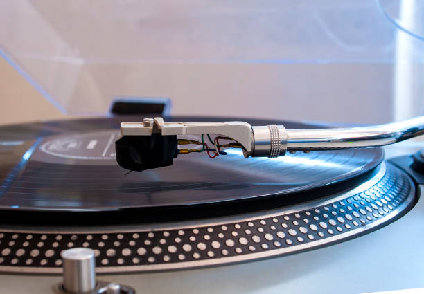 istock Close up of a turntable needle head playing music from an lp.  (shallow focus). 644276062