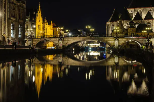 Photo of Reflection of medieval buildings at night in Ghent, Belgium