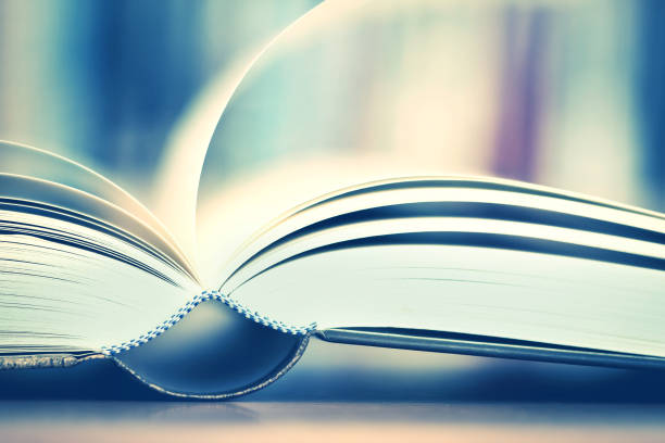 istock opened book page with blurry bookshelf background 644282094