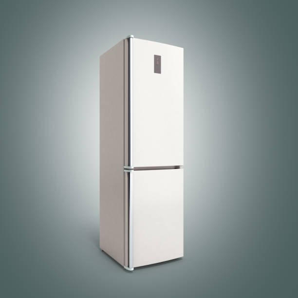 istock Stainless steel modern open refrigerator on grey 3d illustration 644282250