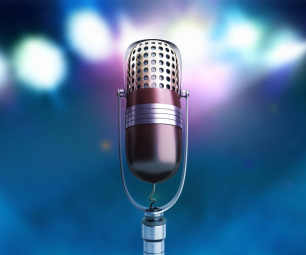 istock Vintage silver microphone close up karaoke background 3d render 644282488