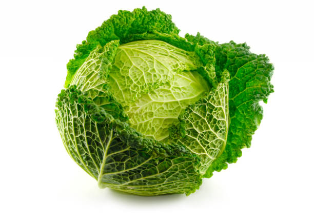 istock Green Savoy cabbage vegetable isolated on white 644287830
