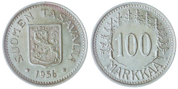 istock 100 markkaa 1956 coin isolated on white background, Finland 644291296