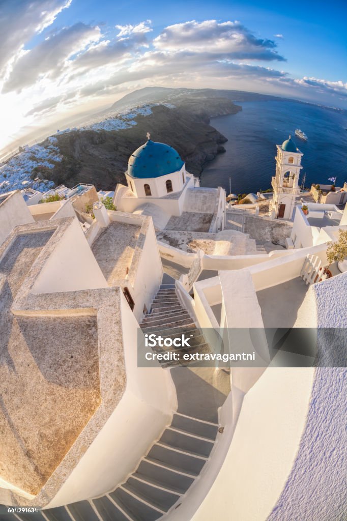 Santorini island with famous churches in Greece Architectural Dome Stock Photo