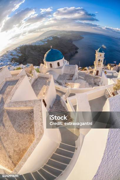 Santorini Island With Famous Churches In Greece Stock Photo - Download Image Now - Architectural Dome, Architecture, Blue
