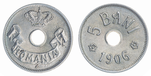 Copper-Nickel 5 bani 1906 coin isolated on white background, Romania