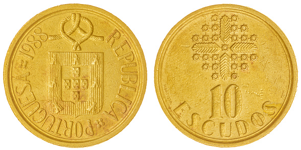 Nickel-Brass 10 escudos 1991 coin isolated on white background, Portugal