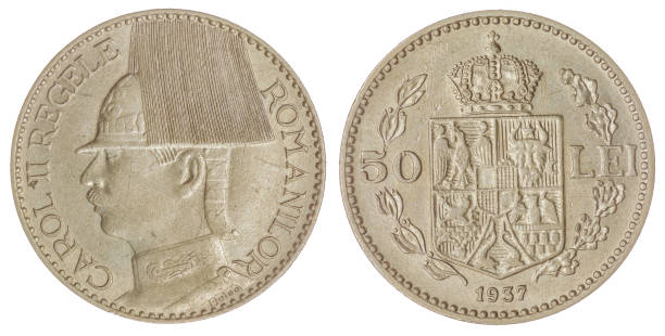 istock 50 lei 1937 coin isolated on white background, Romania 644302922