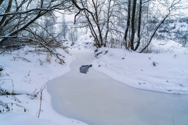 istock Winter landscape with a thaw in the river 644305434