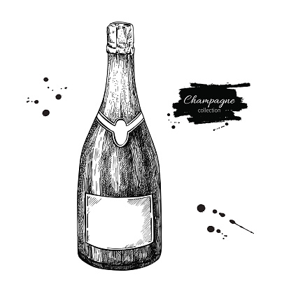 Champagne bottle. Hand drawn isolated vector illustration. Alcohol drink in engraved style. Vintage sketch. Beverage drawing for bar and restaurant menu, poster, banner. Celebration concept