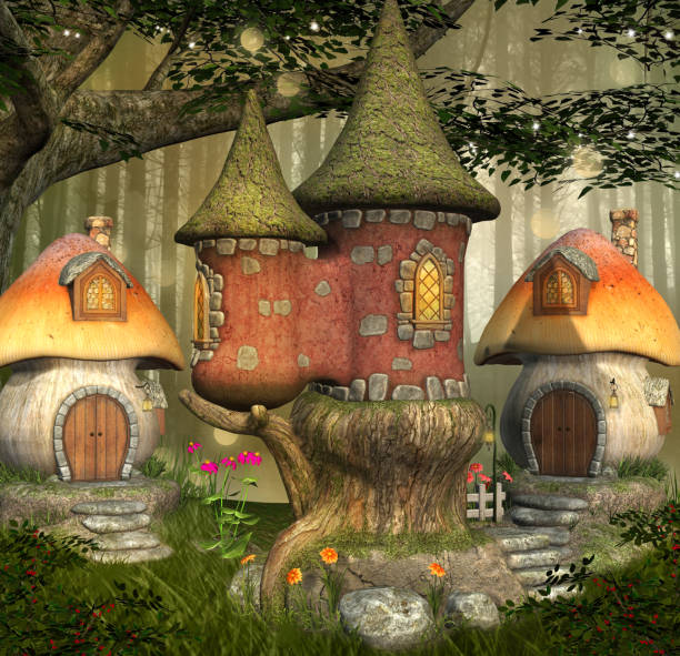 wioska elfów fantasy - castle fairy tale palace forest stock illustrations