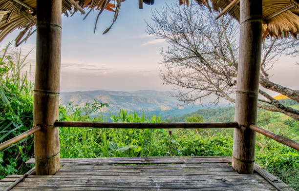 istock Bamboo hut see layer mountains in Monjam, Chiang Mai, Thailand 644327912
