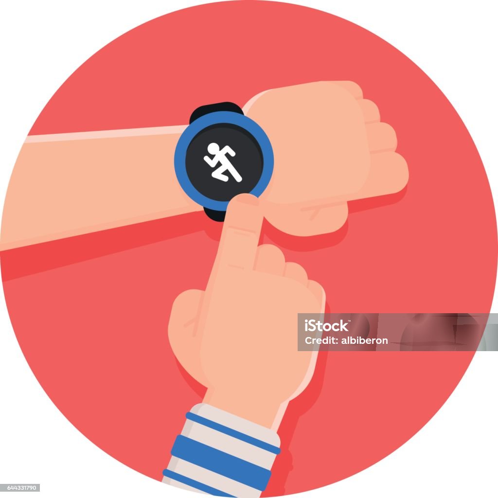 Running app on Smart watch Runner touches on his smart watch to start a running tracker app probably to track his pace, hearth rate and burned calories Fitness Tracker stock vector