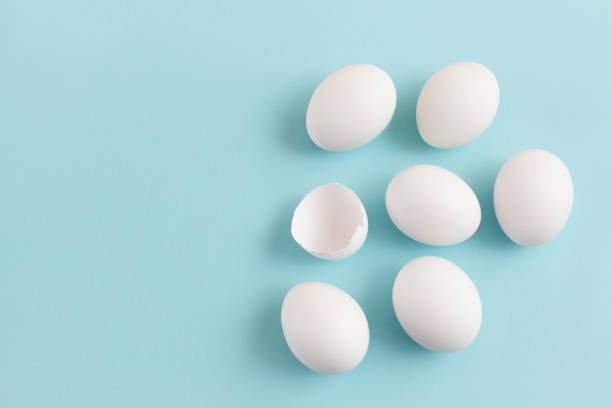 istock Easter decoration white eggs on a light blue background, minimal design with space for text, horizontal image 644342322