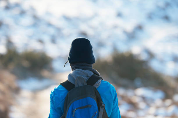 istock Man walking in winter nature. Rear view. 644349816