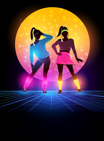 Retro 1980's dancing with glitch sunset background. Vector illustration