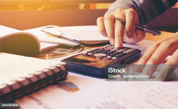 Woman Using Calculator With Doing Finance At Home Office Stock Photo - Download Image Now