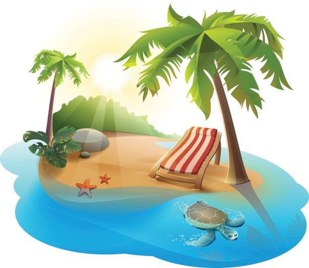 yaz dinlenme. şezlong tropik adada palmiye ağacı altında - ada illüstrasyonlar stock illustrations