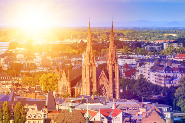 One of the biggest reformed Church of St. Paul in Strasbourg at sunrise, France, Alsace