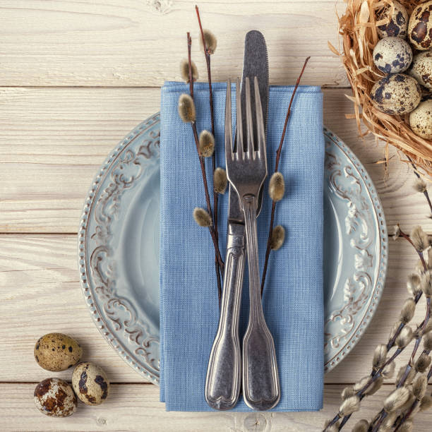 istock Easter background serving breakfast on a wooden table, quail egg 644415846