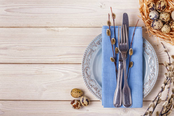 istock Easter background serving breakfast on a wooden table, quail egg 644416238
