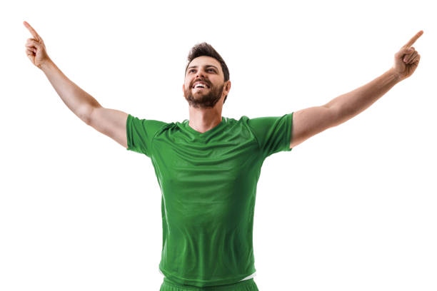 istock Fan / Sport Player on green uniform celebrating on white background 644425696