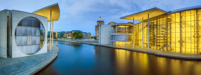 Panoramic view of government district at night, Berlin, Germany
