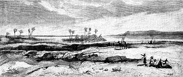 A mirage in the North African desert, appearing to be small islands in a large body of water. From “The Sunday at Home: A Family Magazine for Sabbath Reading, 1888”. Published in London by the Religious Tract Society.
