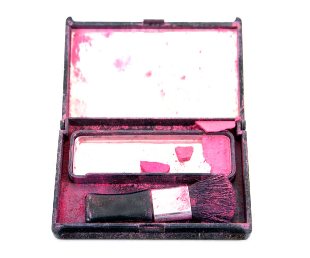 old and dirty pressed powders and powder puff. - powder puff imagens e fotografias de stock