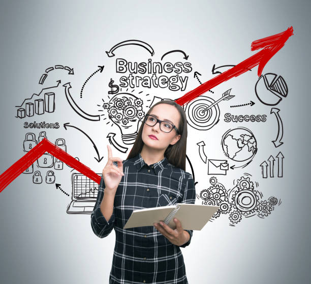 istock Nerdy girl and business strategy, red graph 644445772