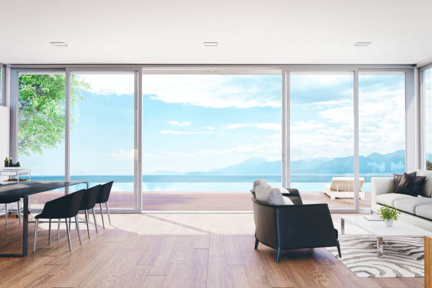 istock Modern Luxury Living Room With Pool And Ocean View 644470160